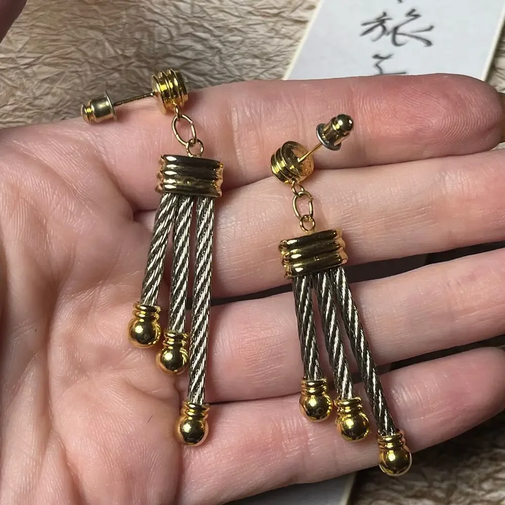 Vintage 90s Two-Tone Silver and Gold CZ Dangle Earrings